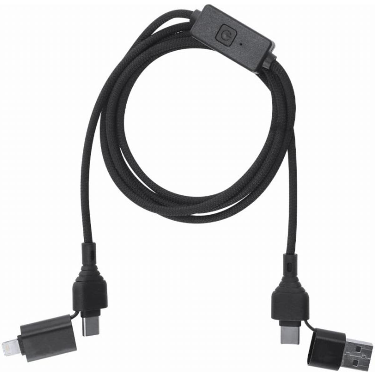 A charging cable with a black braided design, featuring connectors on both ends and a central switching button.
