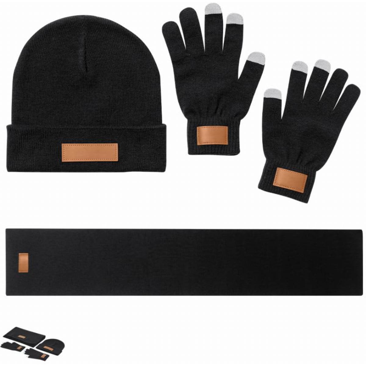 A black beanie, gloves with touchscreen fingertips, and a scarf, all featuring a brown leather-like patch.