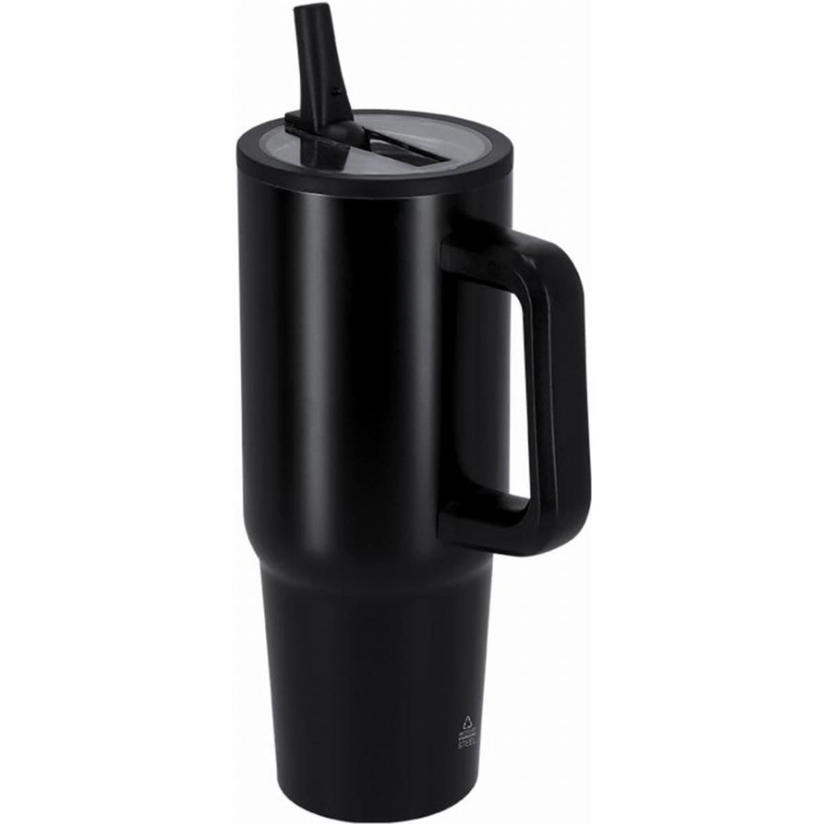 A drink bottle in matte black with a handle and a straw, featuring a lid and a sleek design.