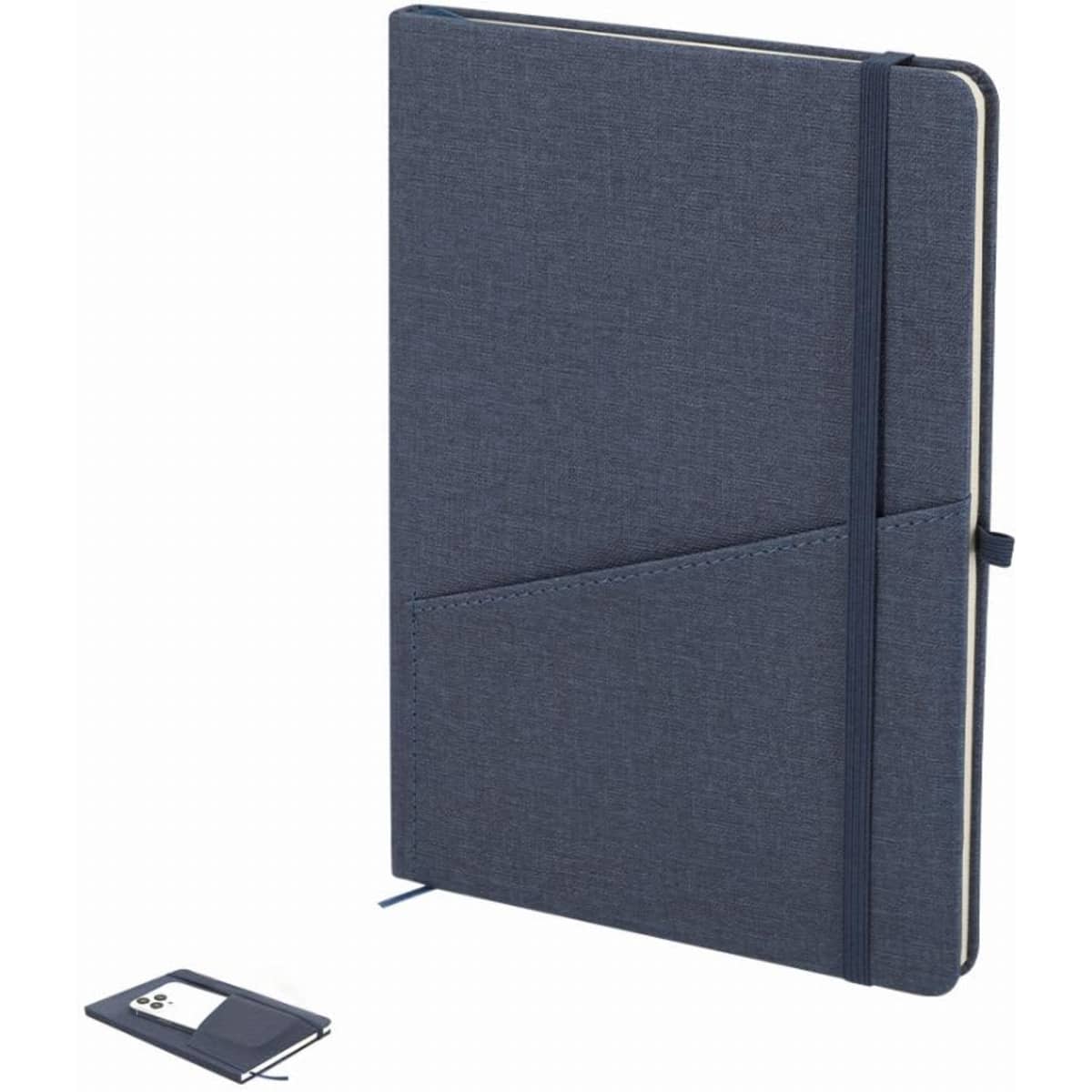 A notebook with a dark blue cover and a pocket, accompanied by a matching card holder. It features a branding logo.