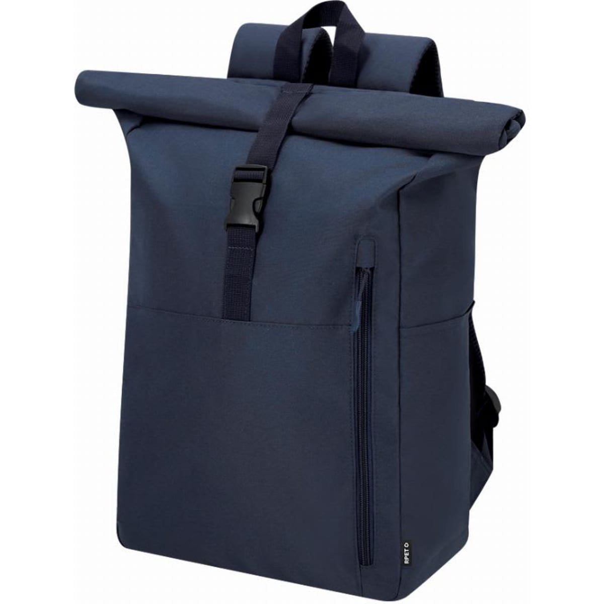 A roll-top backpack in navy blue, featuring adjustable straps and a front zip pocket. It has a minimalist design and logo.