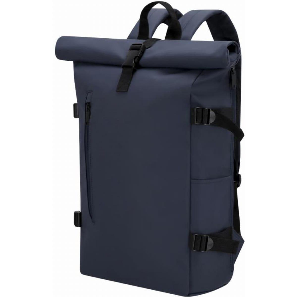 A dark navy roll-top backpack with adjustable straps and a front zip pocket. Features a sleek, minimalist design.