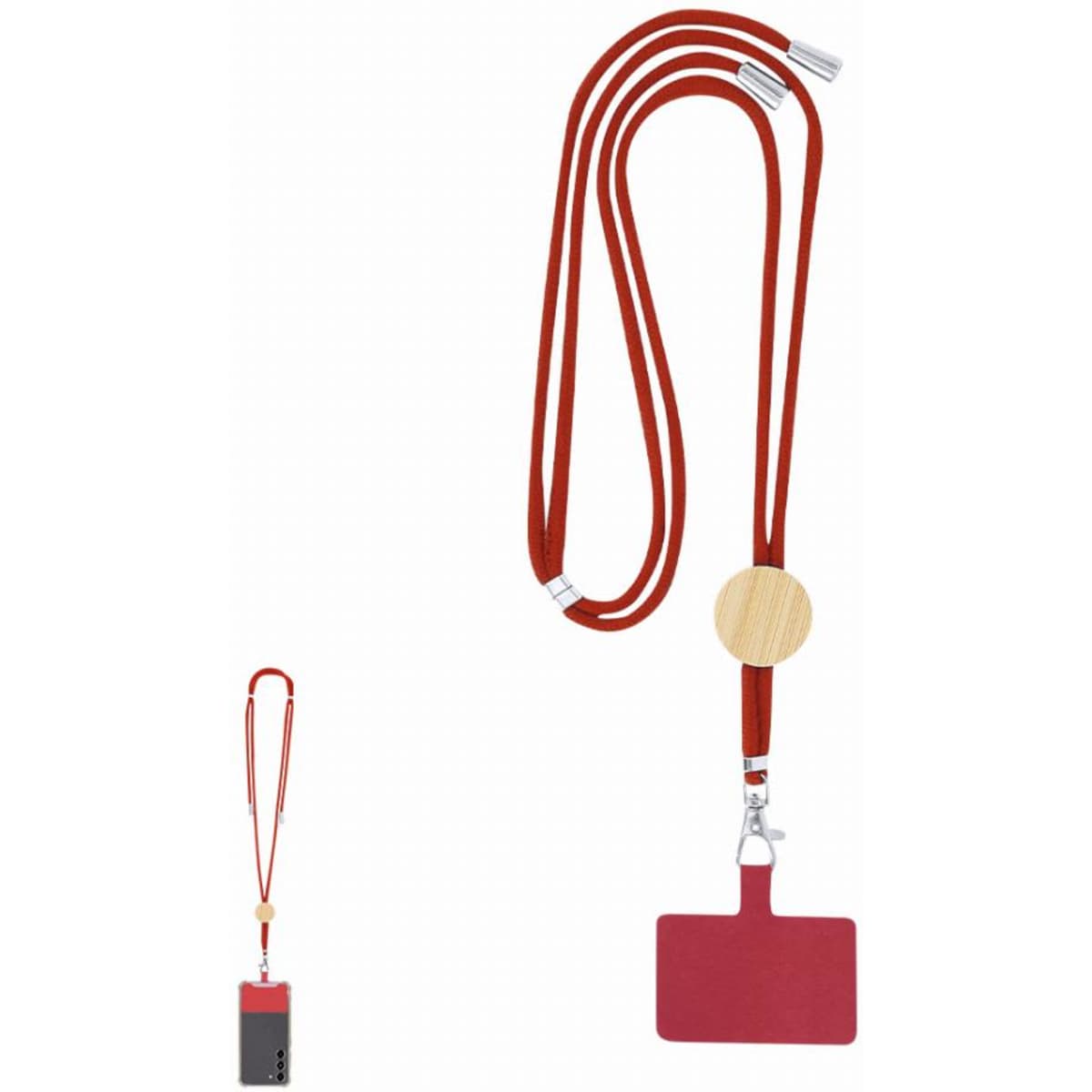 A lanyard with a red strap and a wooden toggle, featuring a rectangular cardholder attachment.