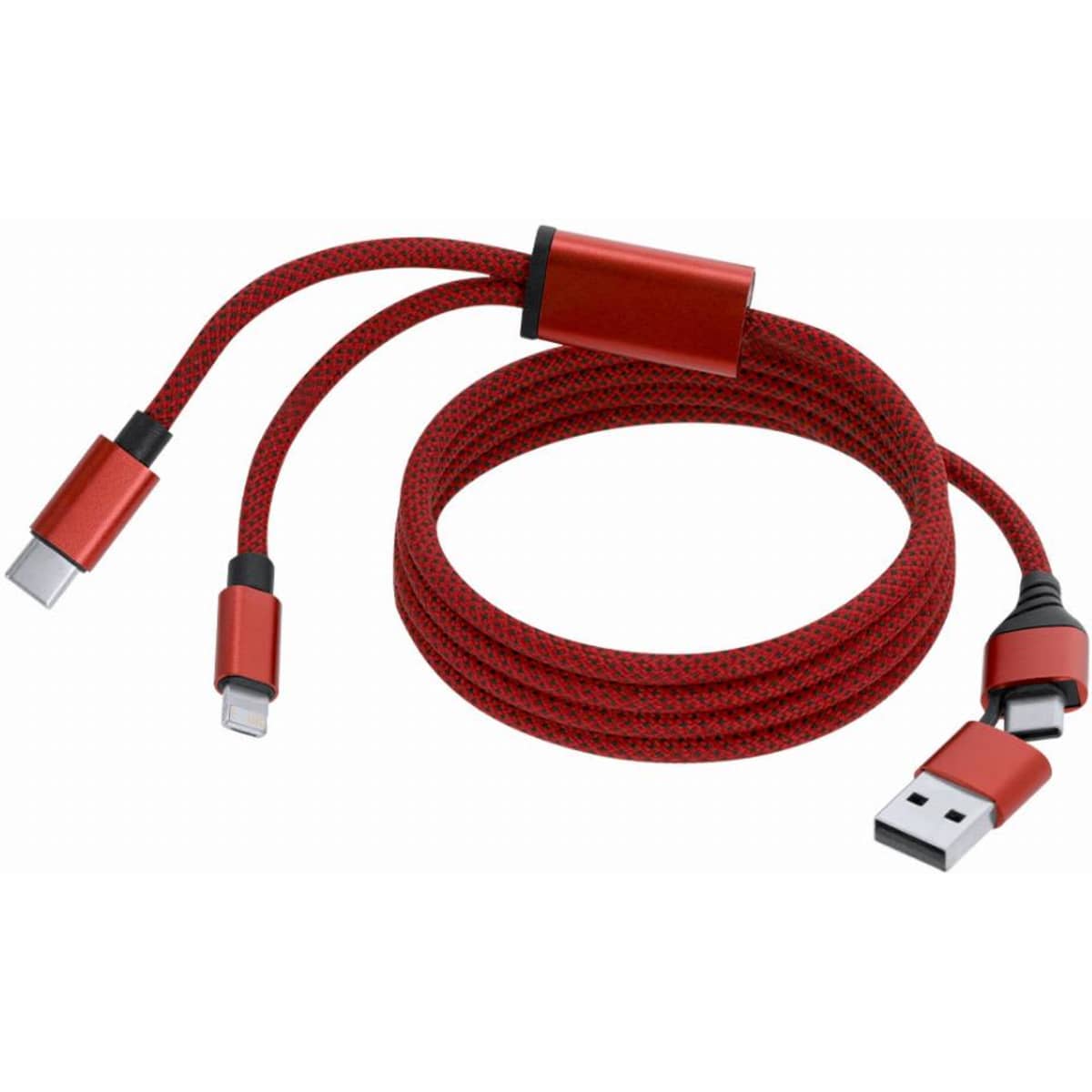 A charging cable with a red braided design, featuring USB, Lightning, and USB-C connectors. It has a logo on the connector.