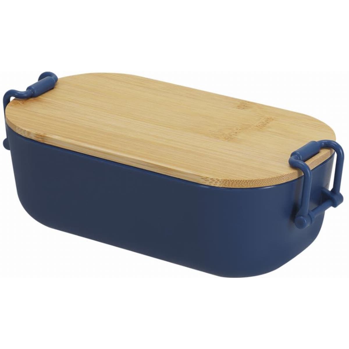 A storage container in navy blue with a bamboo lid and handles. The container has a smooth, rounded shape.