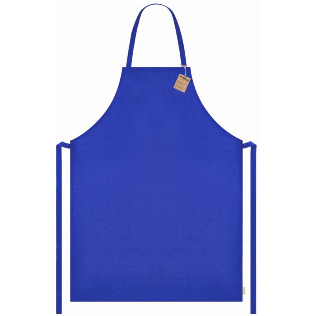 A blue apron with ties and a tag, designed for cooking or crafting activities.