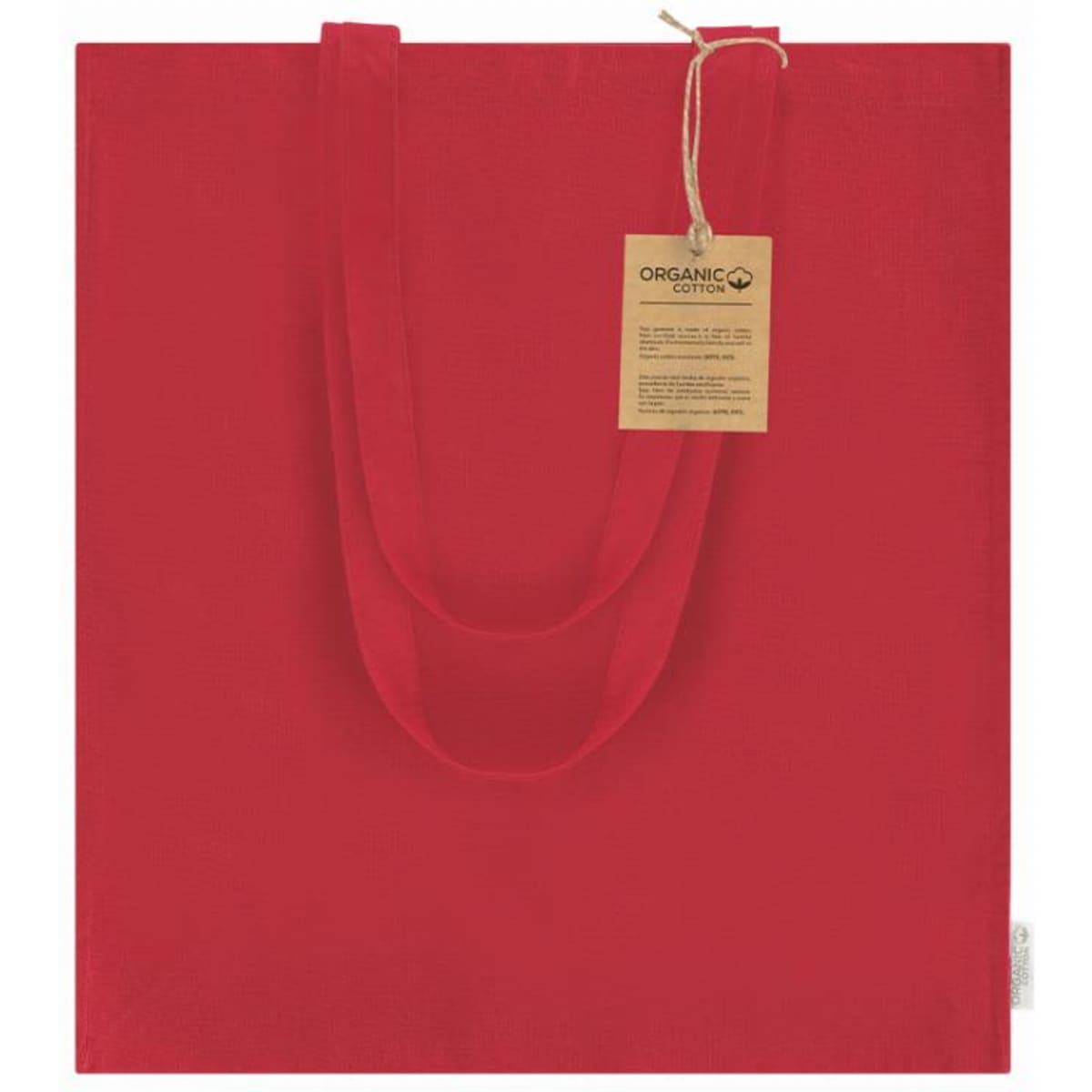 A red tote bag made of organic cotton, featuring two handles and a tag attached.