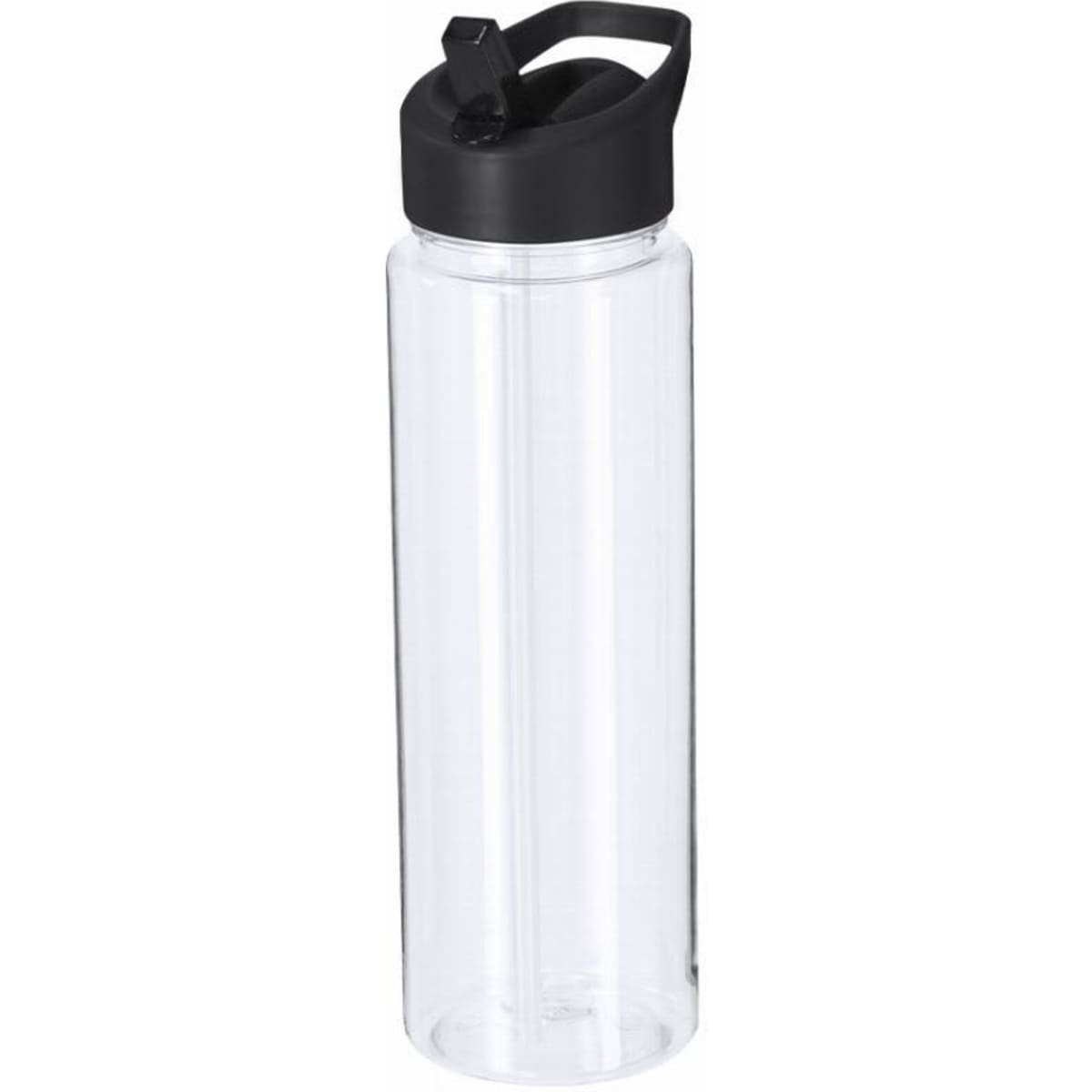 A drink bottle made of clear plastic with a black lid and straw feature, ideal for hydration on-the-go.