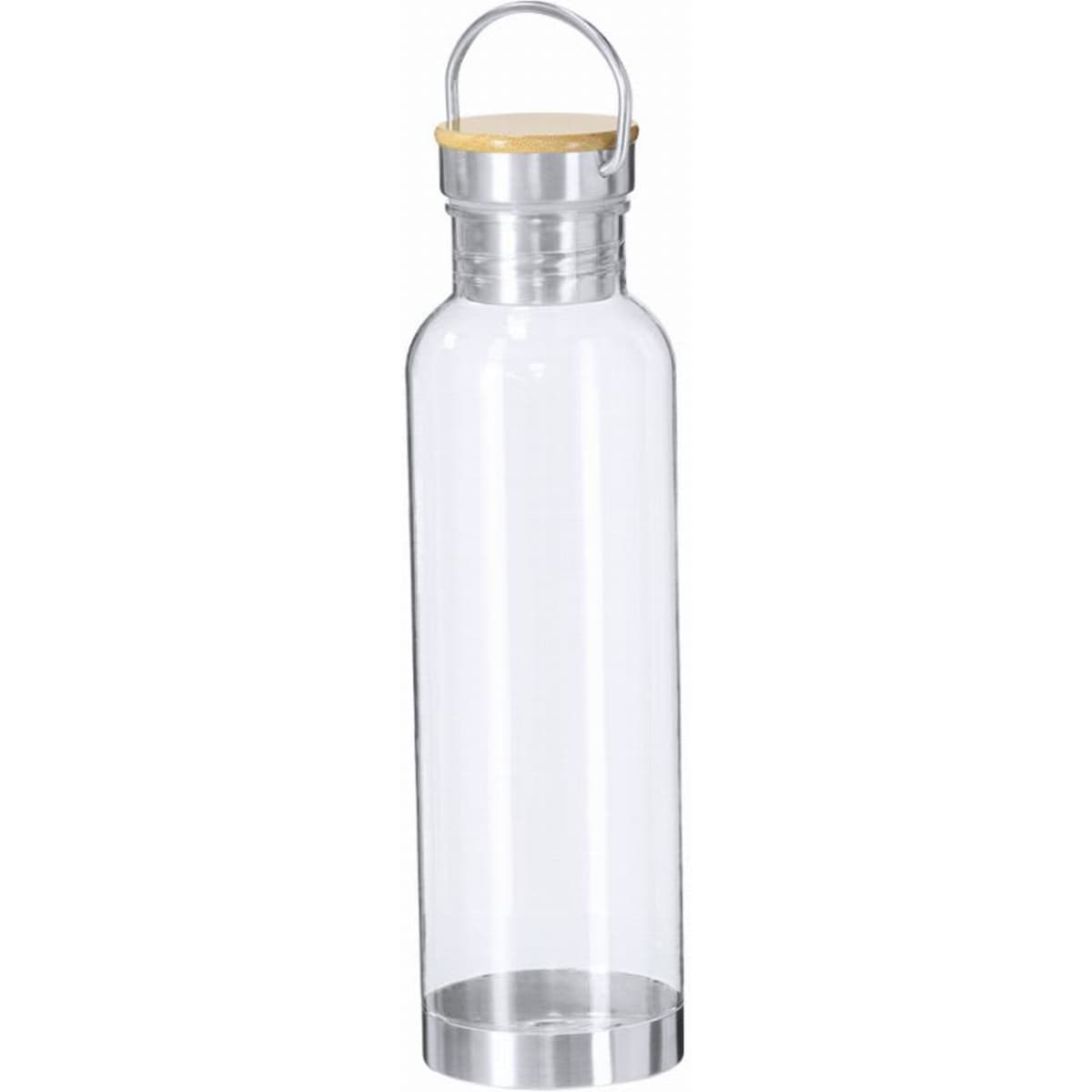 A drink bottle in clear glass with a stainless steel base and a wooden lid, featuring a handle for easy carrying.