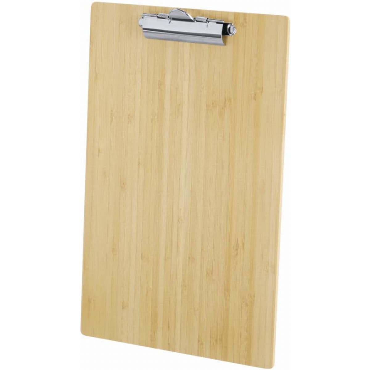 A bamboo clipboard featuring a metal clip at the top, showcasing a natural wood finish.