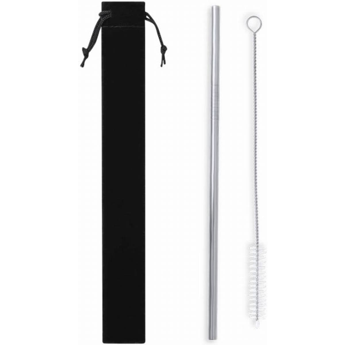 A drink bottle kit featuring a metal straw, cleaning brush, and a sleek black carrying pouch.