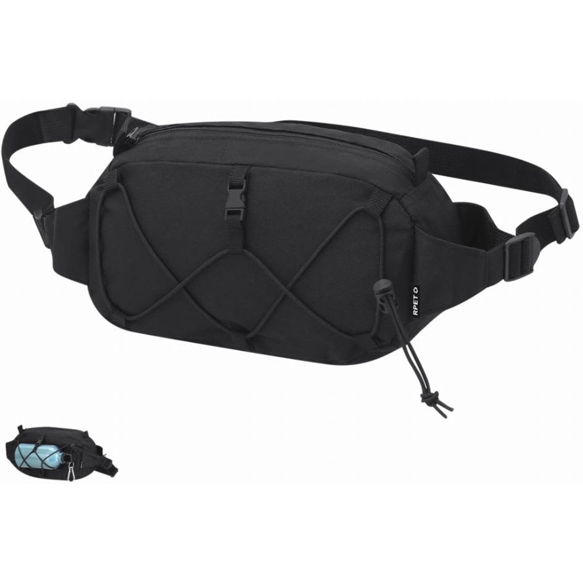 A black waist bag with an adjustable strap and exterior bungee cords, featuring a logo on the front.