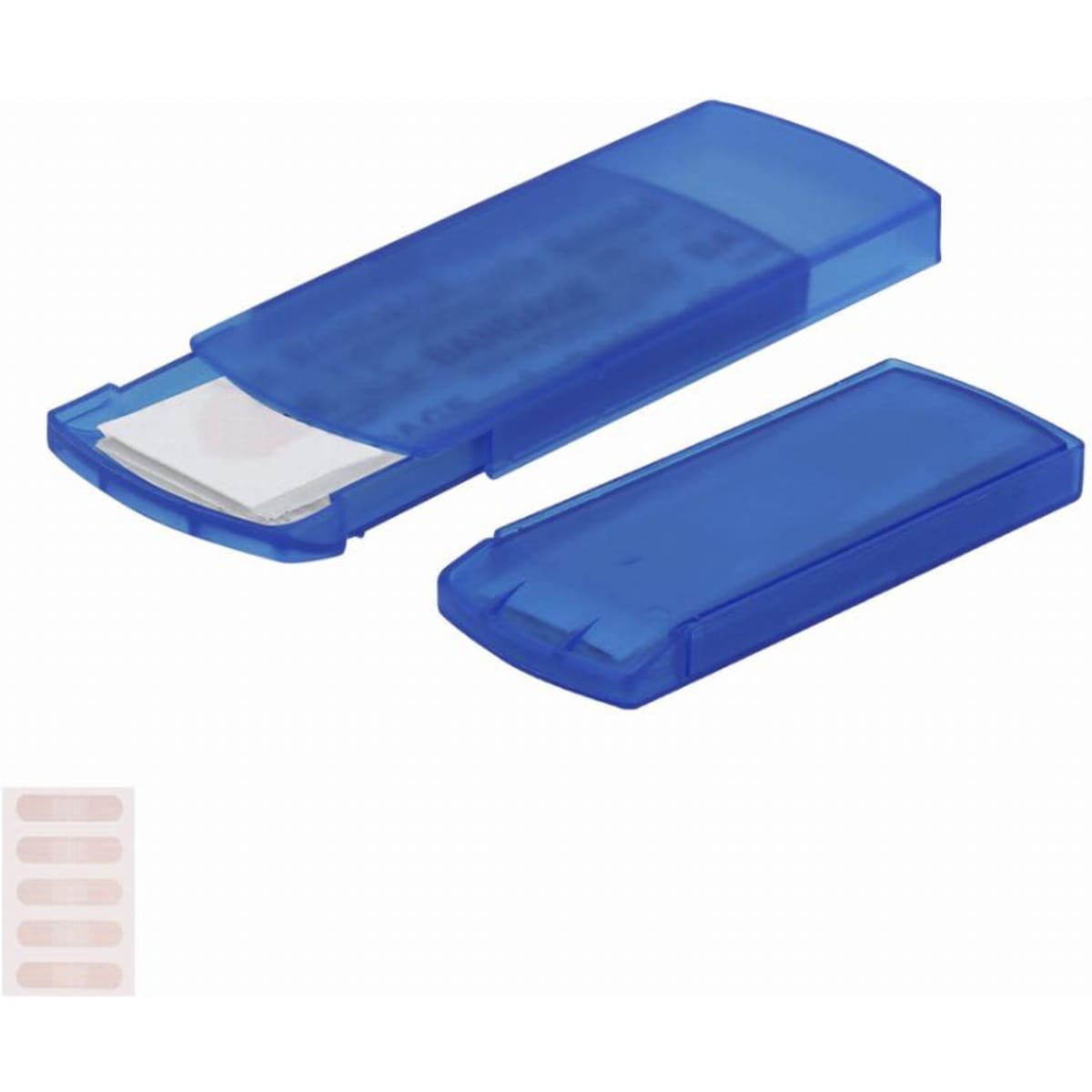 A blue product container with a removable lid, holding adhesive strips. Features a simple design and a transparent insert.
