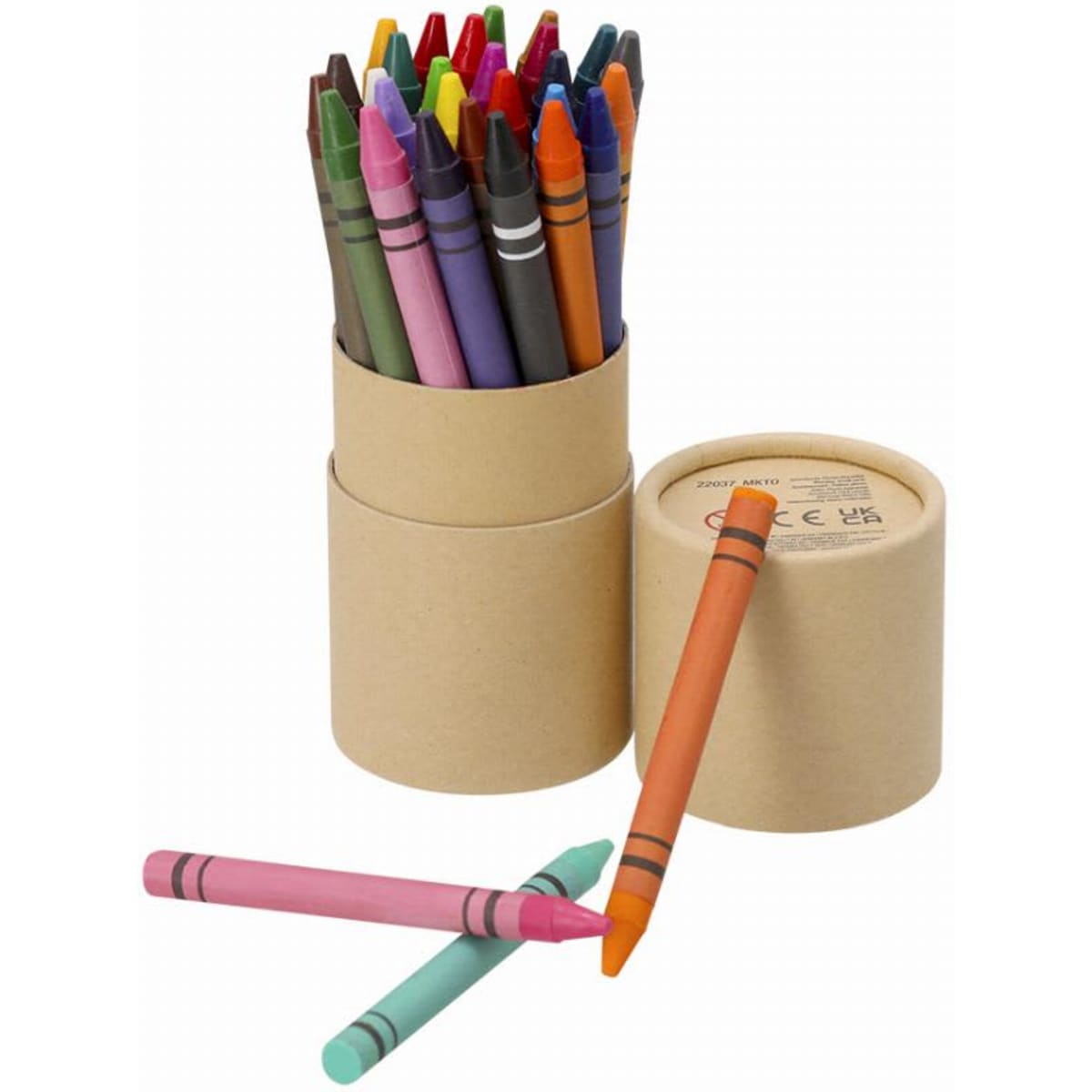 A container holding various coloured crayons, including pink, green, and orange, with some crayons resting outside.