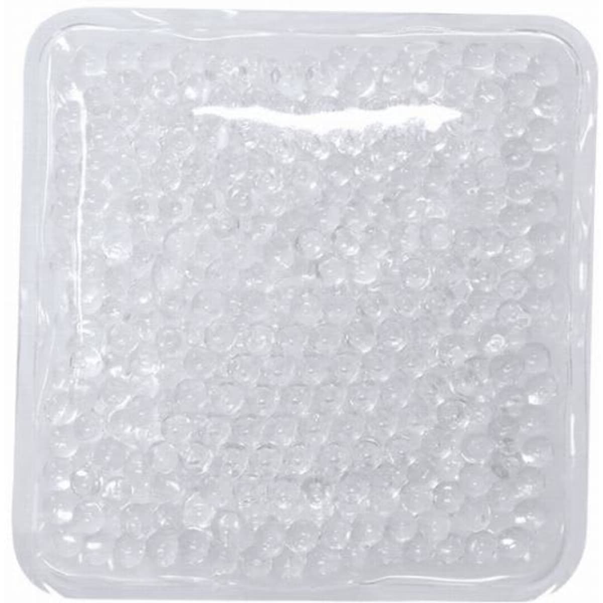 A square gel pack filled with clear, round beads, encased in a transparent plastic cover.