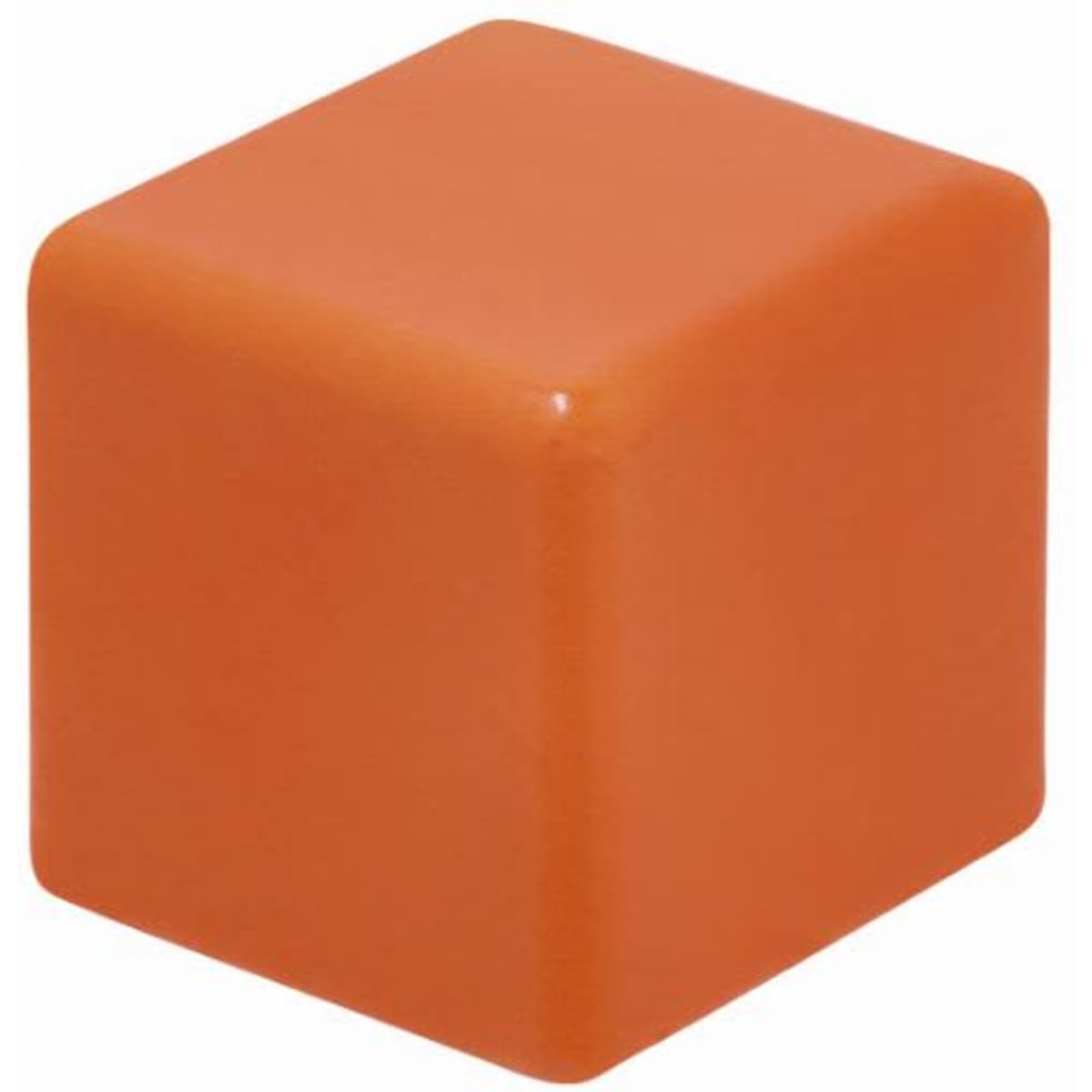 An orange plastic cube with smooth edges and a glossy surface.
