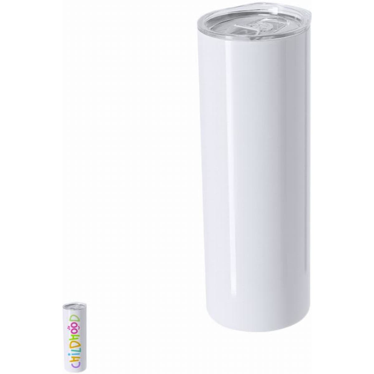 A drink bottle in sleek white with a silver lid, featuring a logo on the side.