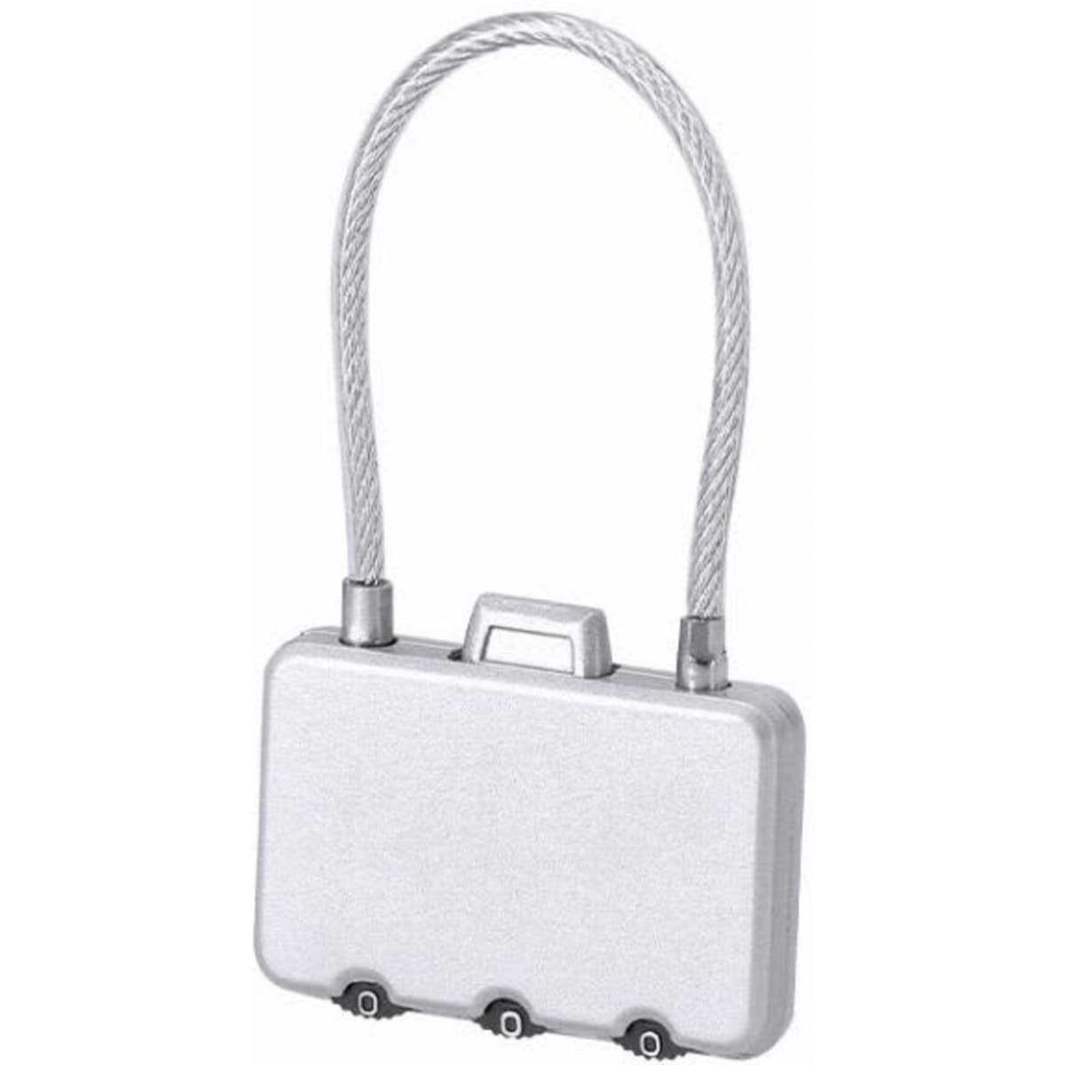 A silver briefcase with a flexible wire handle and three locking mechanisms at the base.