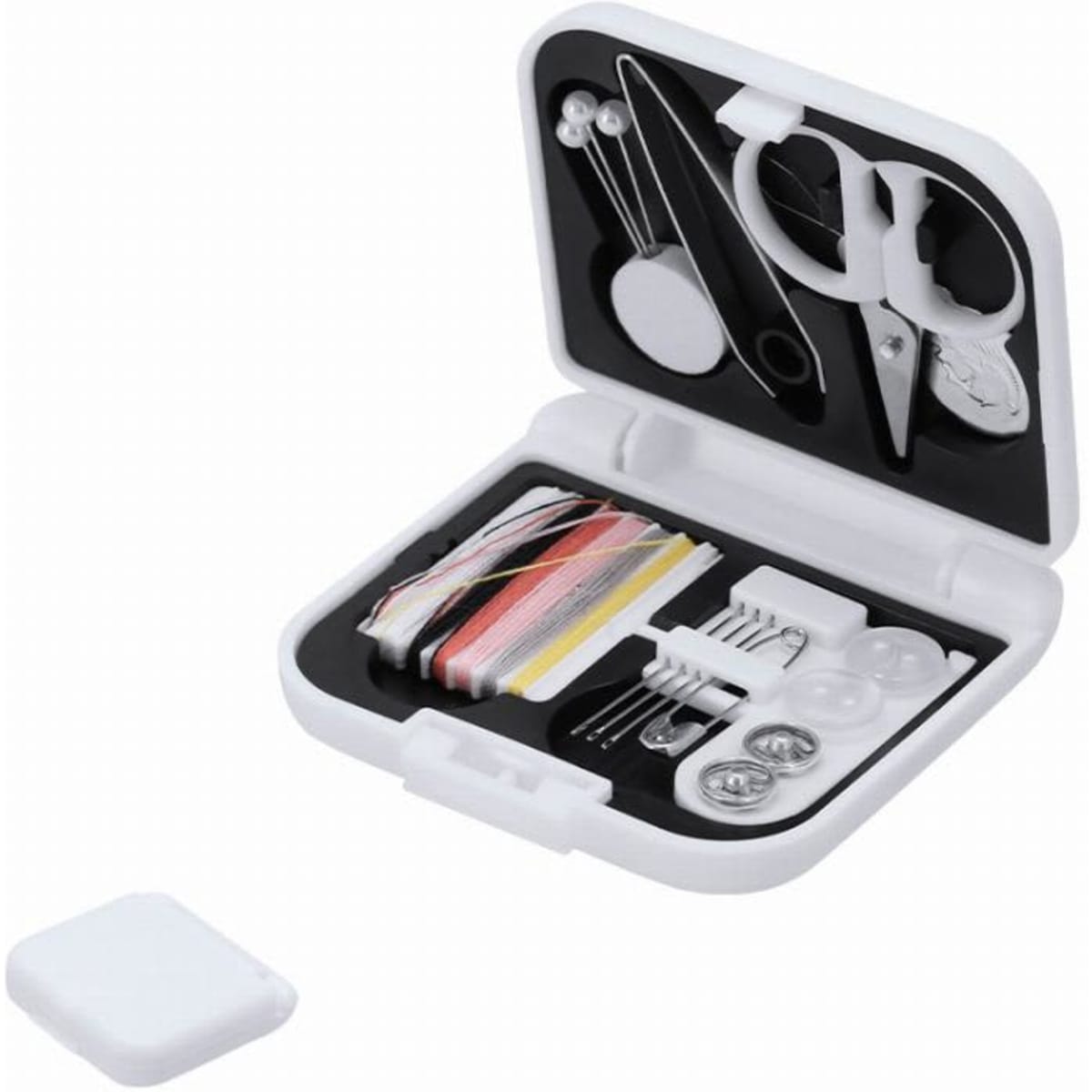 A compact sewing kit featuring various tools, threads, and buttons, housed in a white case.