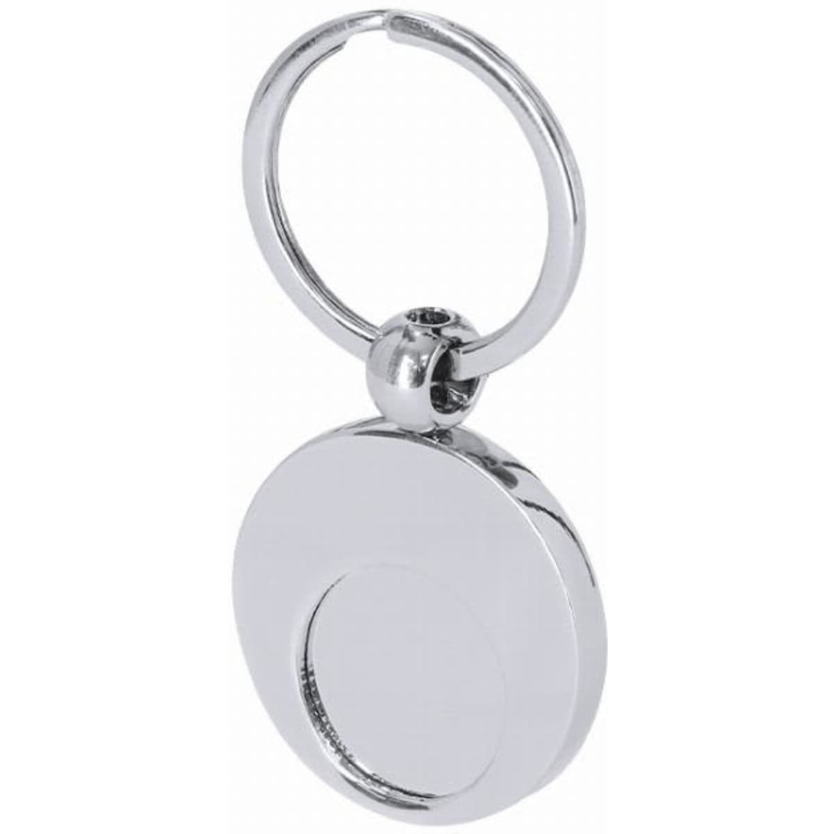 A keychain featuring a shiny silver round design with a small hole in the centre and a metal ring.