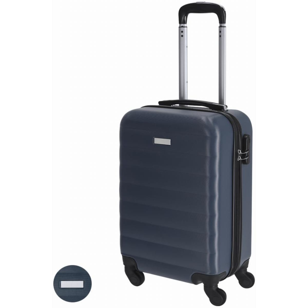 A suitcase in dark blue with a smooth surface, retractable handle, and wheels for easy transportation.
