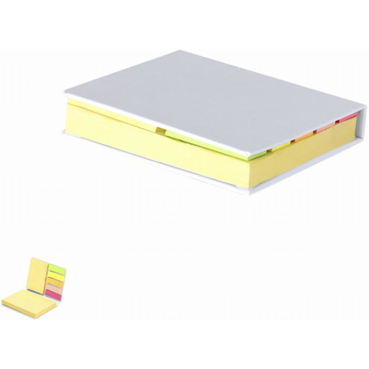 A note pad featuring a grey cover with yellow and multicoloured sticky notes inside. Includes a branding logo.