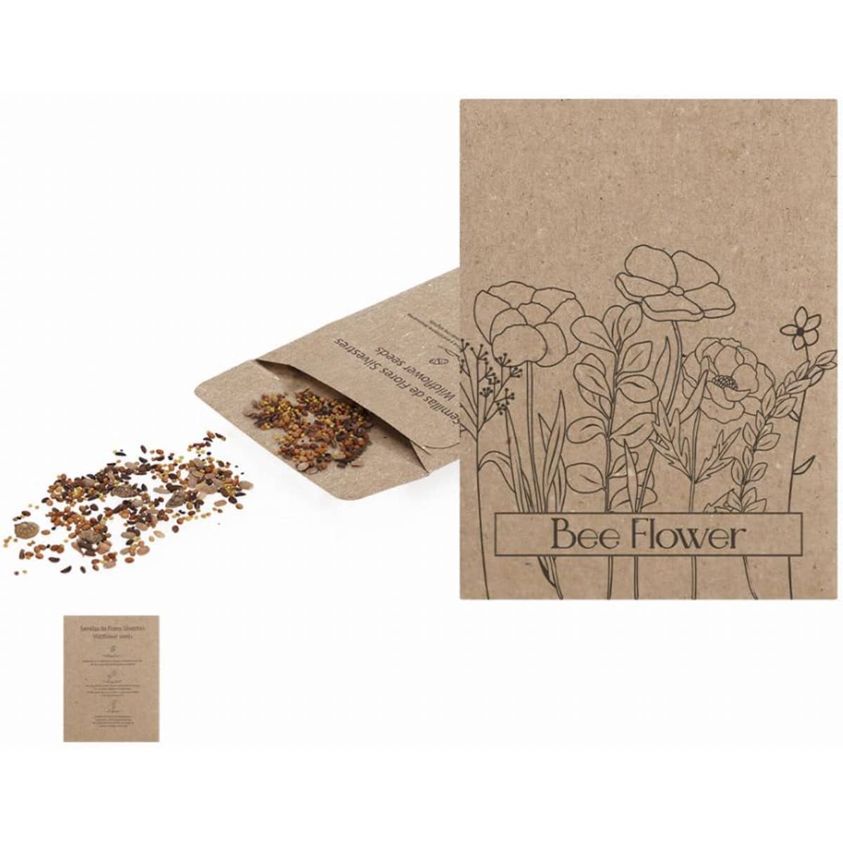 A packet of bee flower seeds with a floral design, featuring a small pile of seeds beside it.