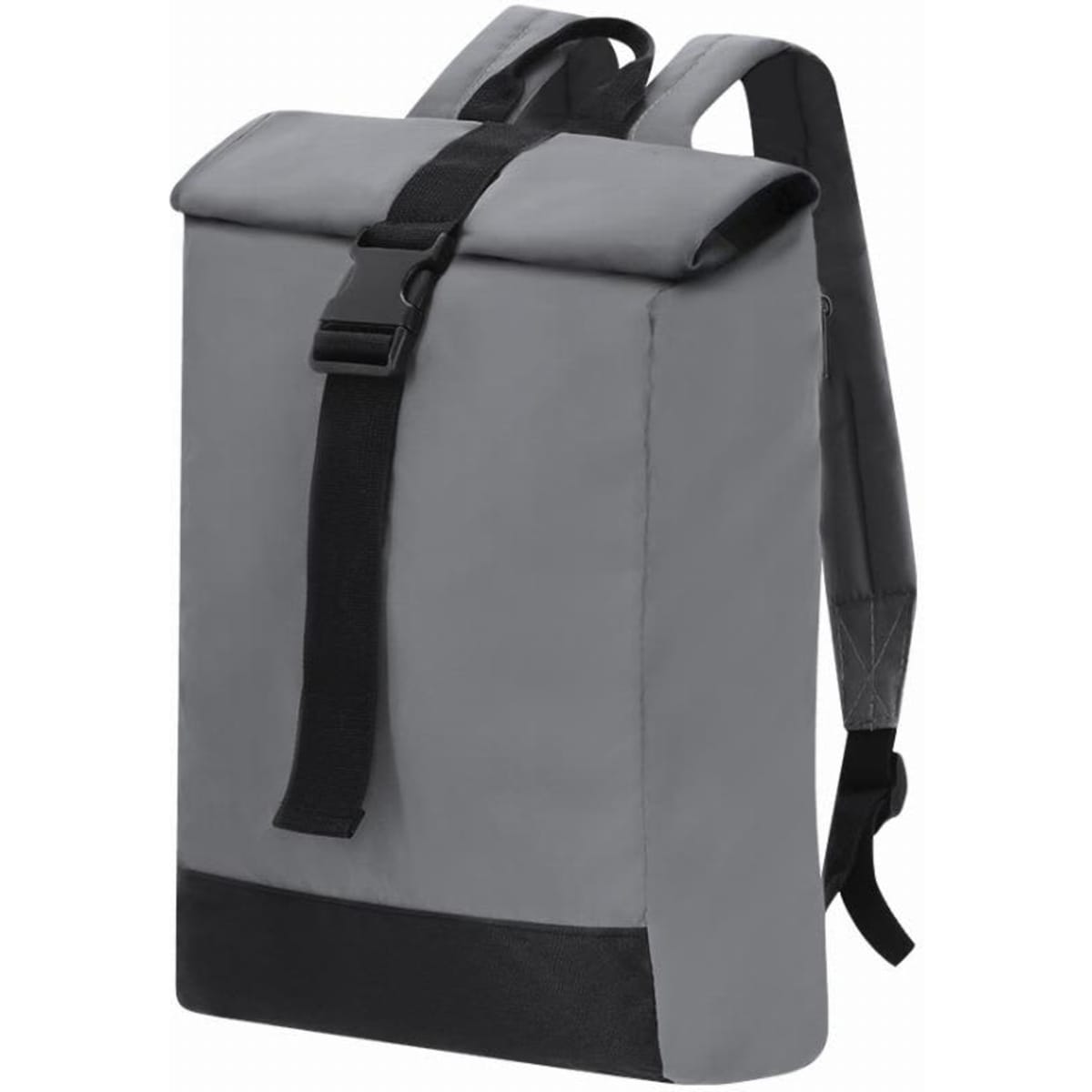 A grey backpack with a roll-top design and a black bottom panel, featuring adjustable straps and a buckle closure.