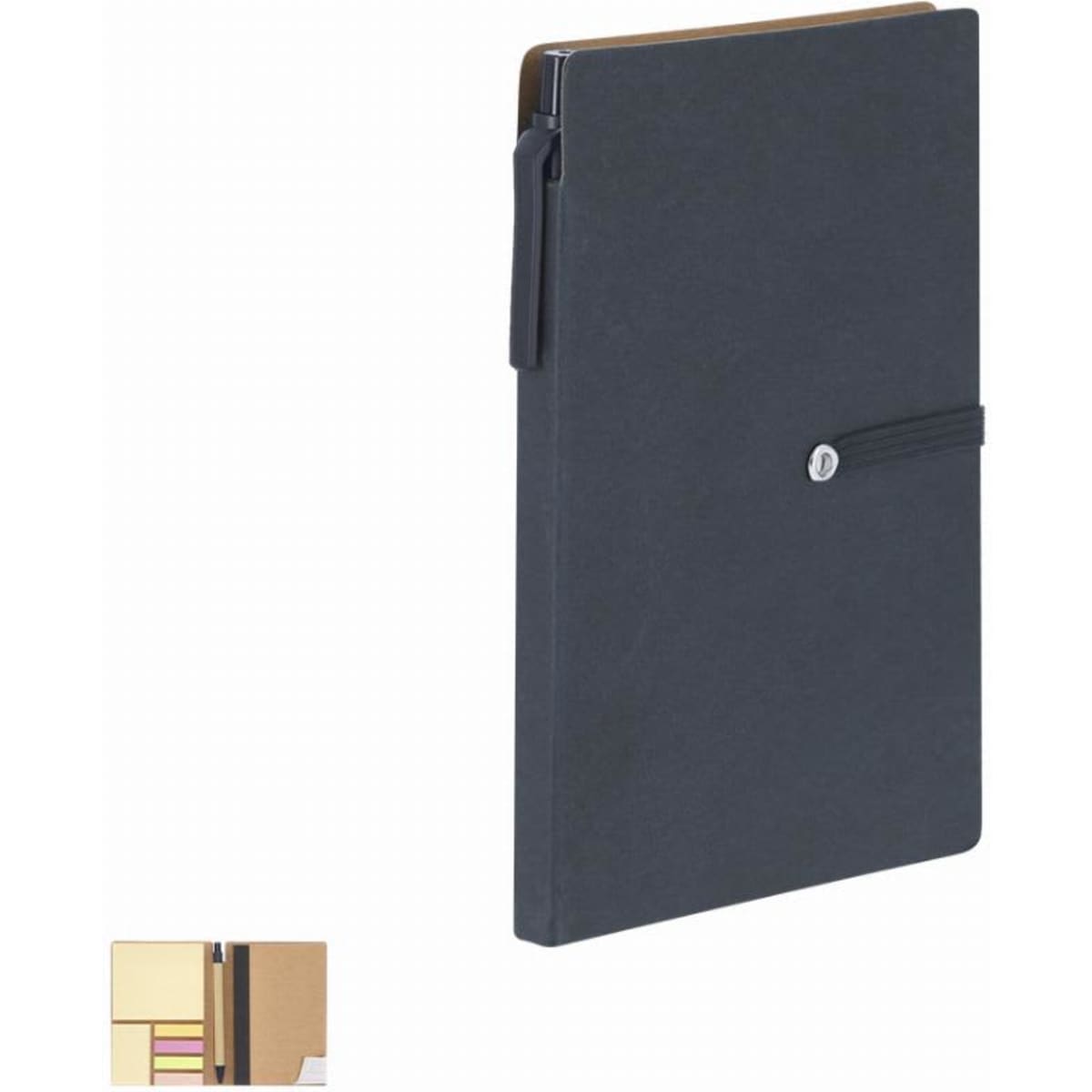 A notebook with a sleek black cover, featuring a clasp and a pen holder. Includes multiple section tabs inside.