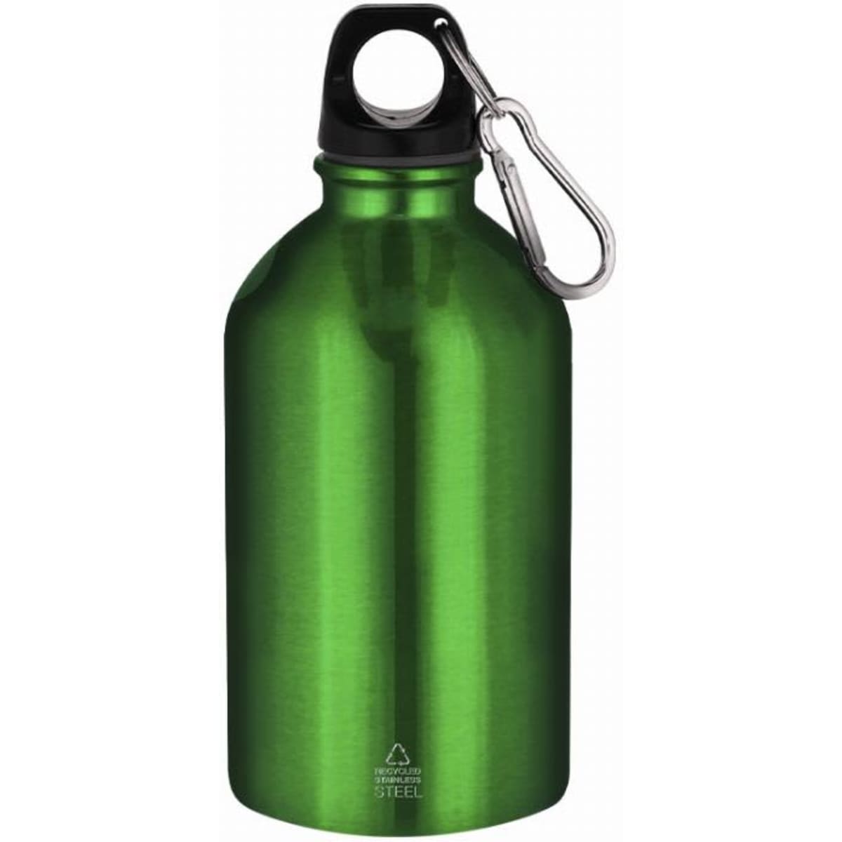A green stainless steel drink bottle with a black cap and a carabiner attached.