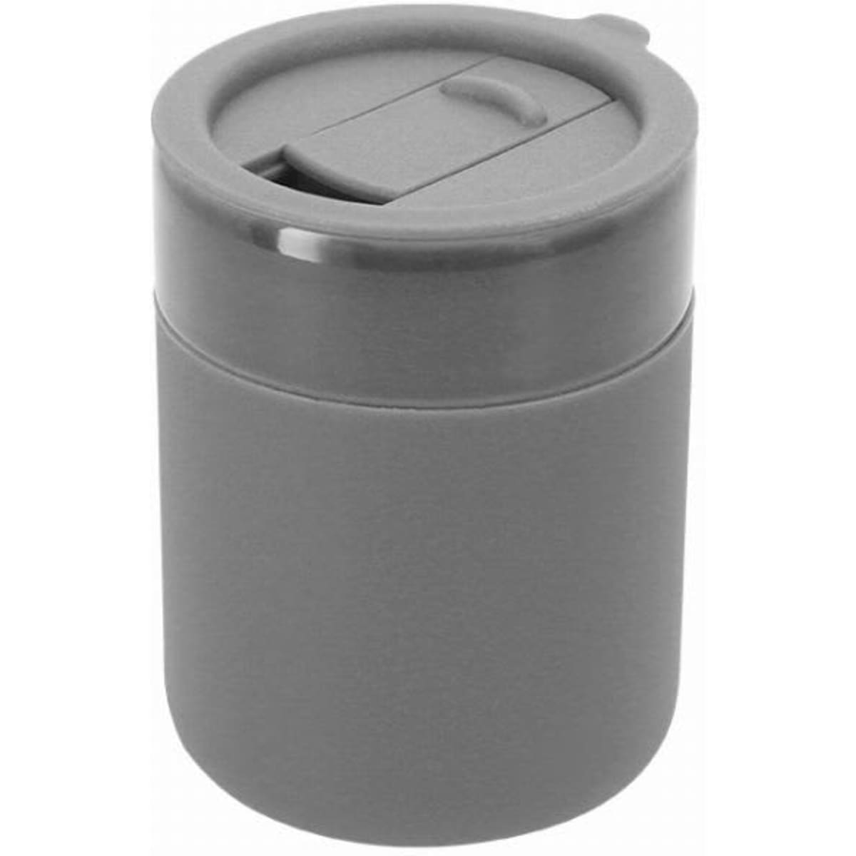 A drink bottle in a sleek grey design with a fitted lid featuring a small opening for sipping.
