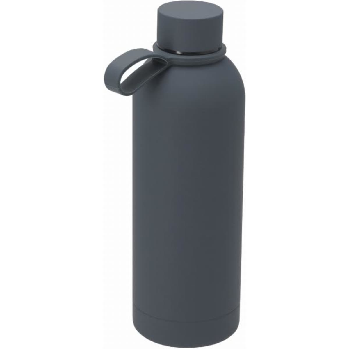 A drink bottle in a sleek dark grey colour with a carrying loop and a minimalist design. It features a logo.