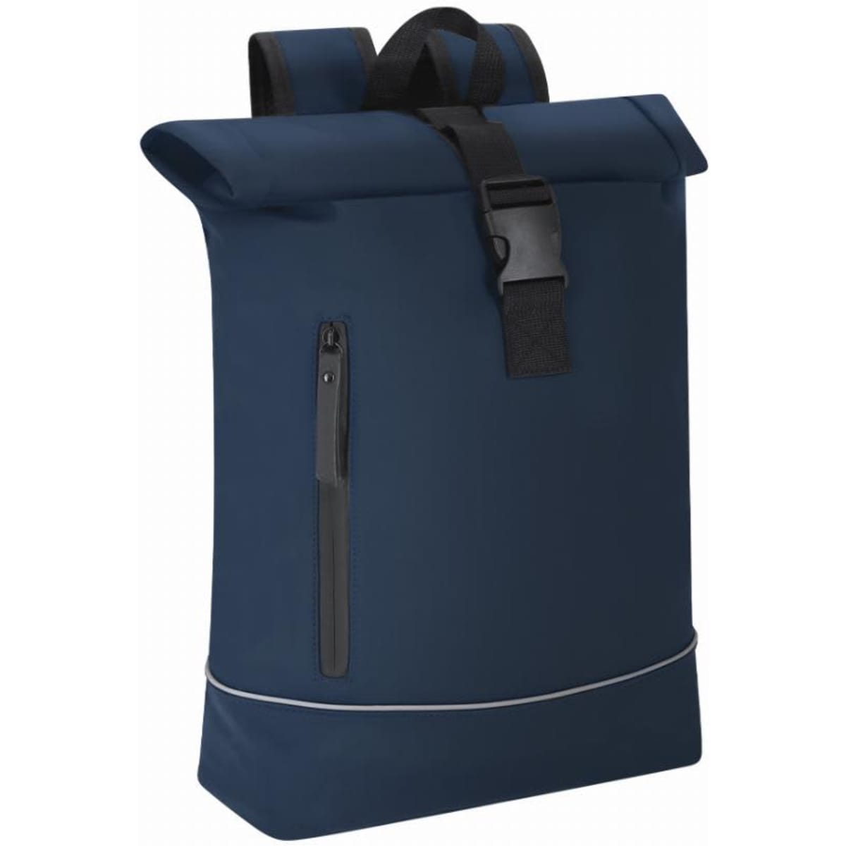A backpack in navy blue with a roll-top closure, adjustable straps, and a side zip pocket.