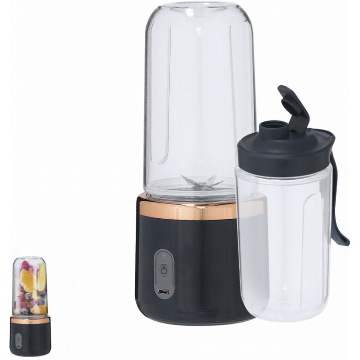 A drink bottle and blender in black and clear with a gold base, featuring a detachable travel cup.