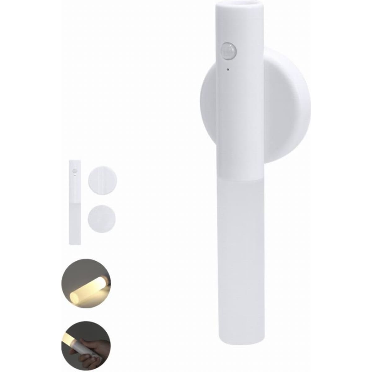 A white, slim light stick mounted on a wall with a round base, featuring a button on the side.