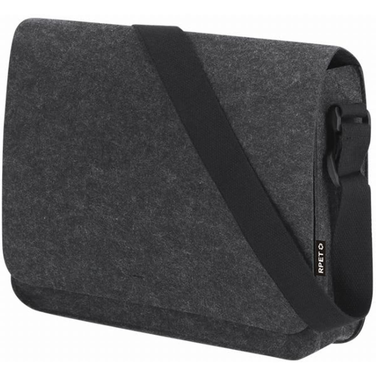 A grey felt messenger bag featuring a detachable strap and fabric texture. It includes a logo on the side.