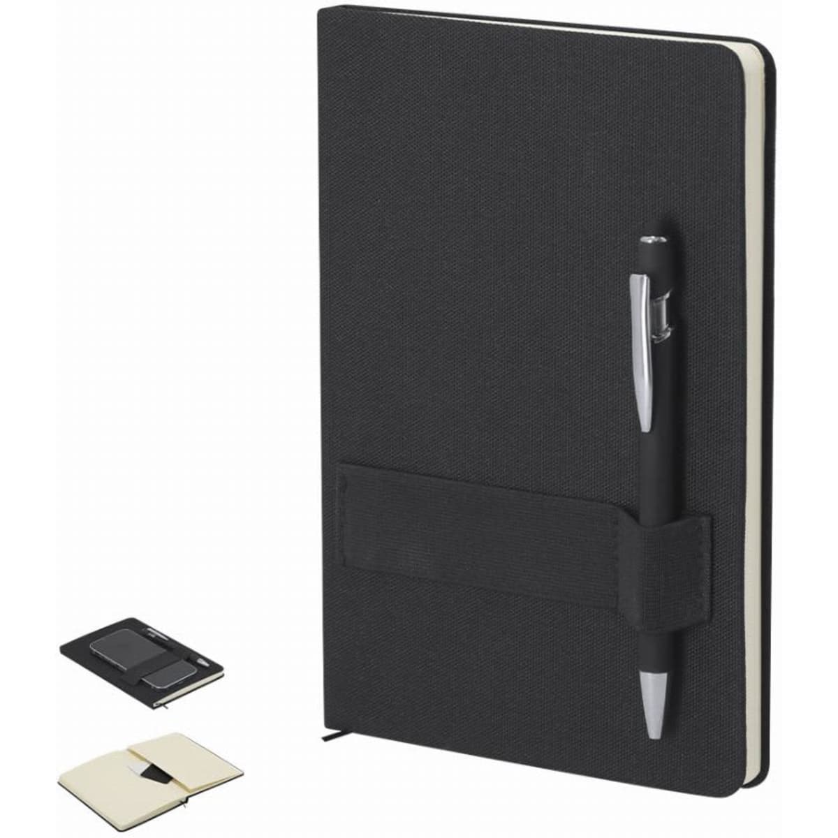 A black notebook with a pen attached, featuring a sleek design and a pocket for additional items.