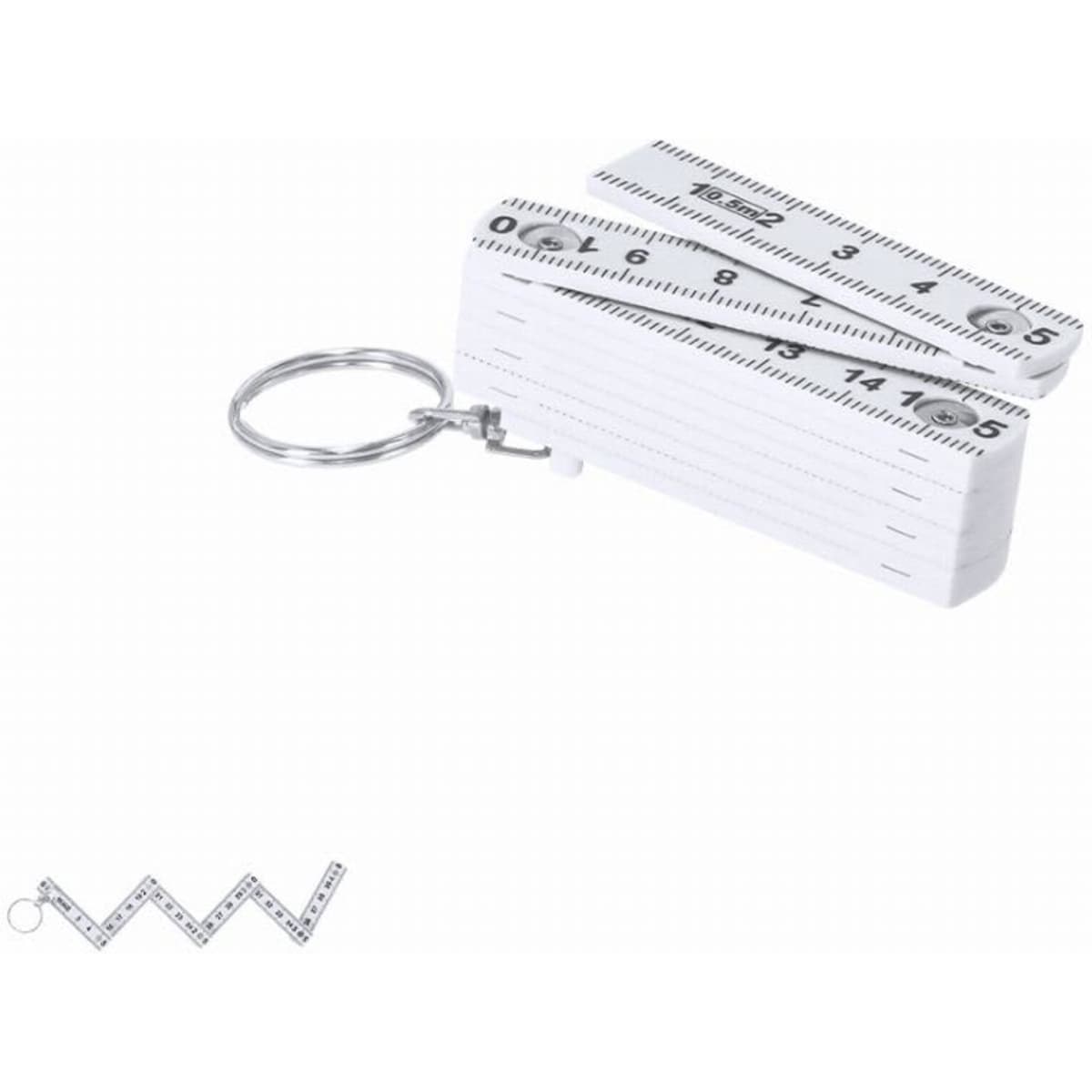 A compact white folding ruler attached to a keychain, featuring measurement markings on both sides.