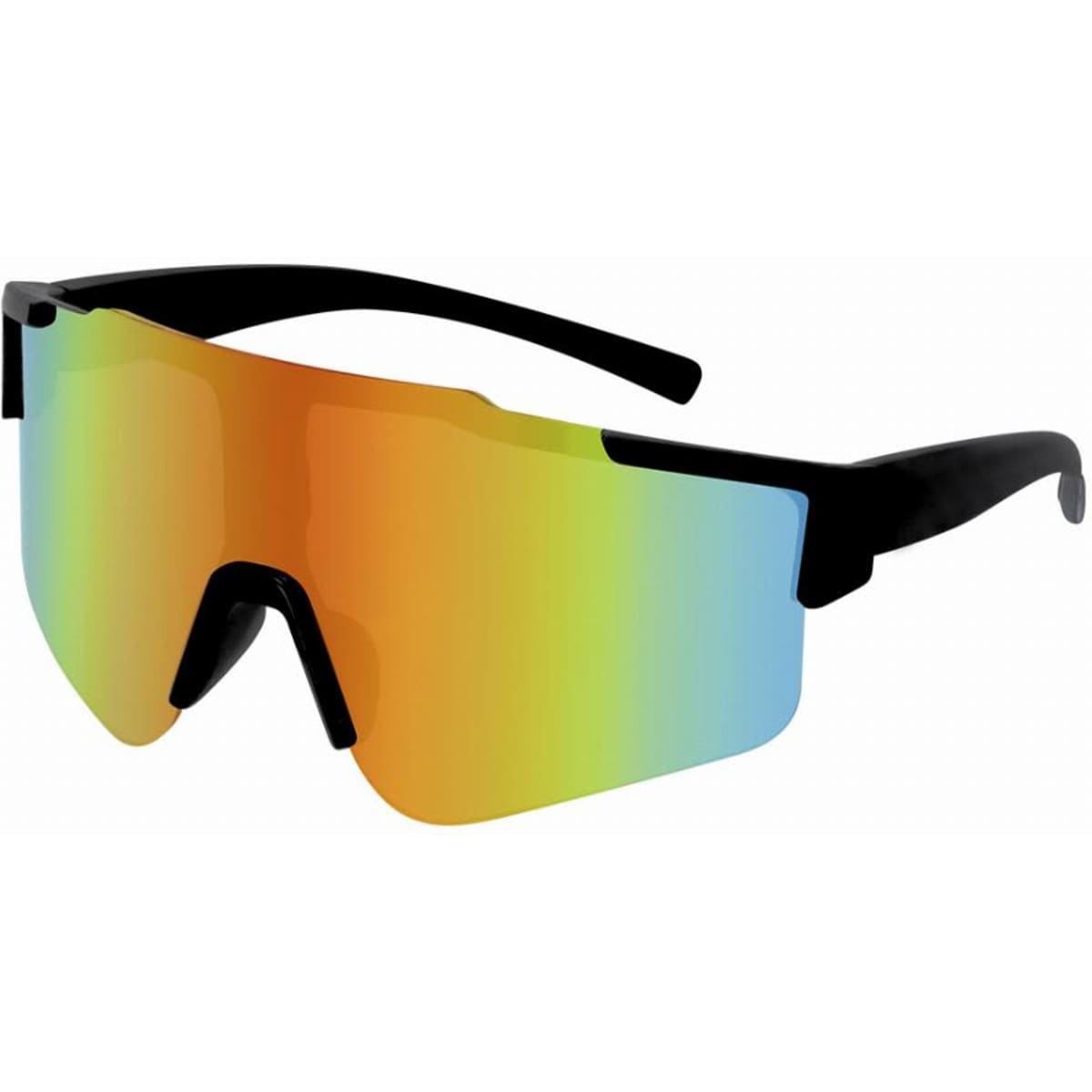 A pair of black sunglasses with a large, colourful, mirrored lens featuring a gradient of orange and blue hues.