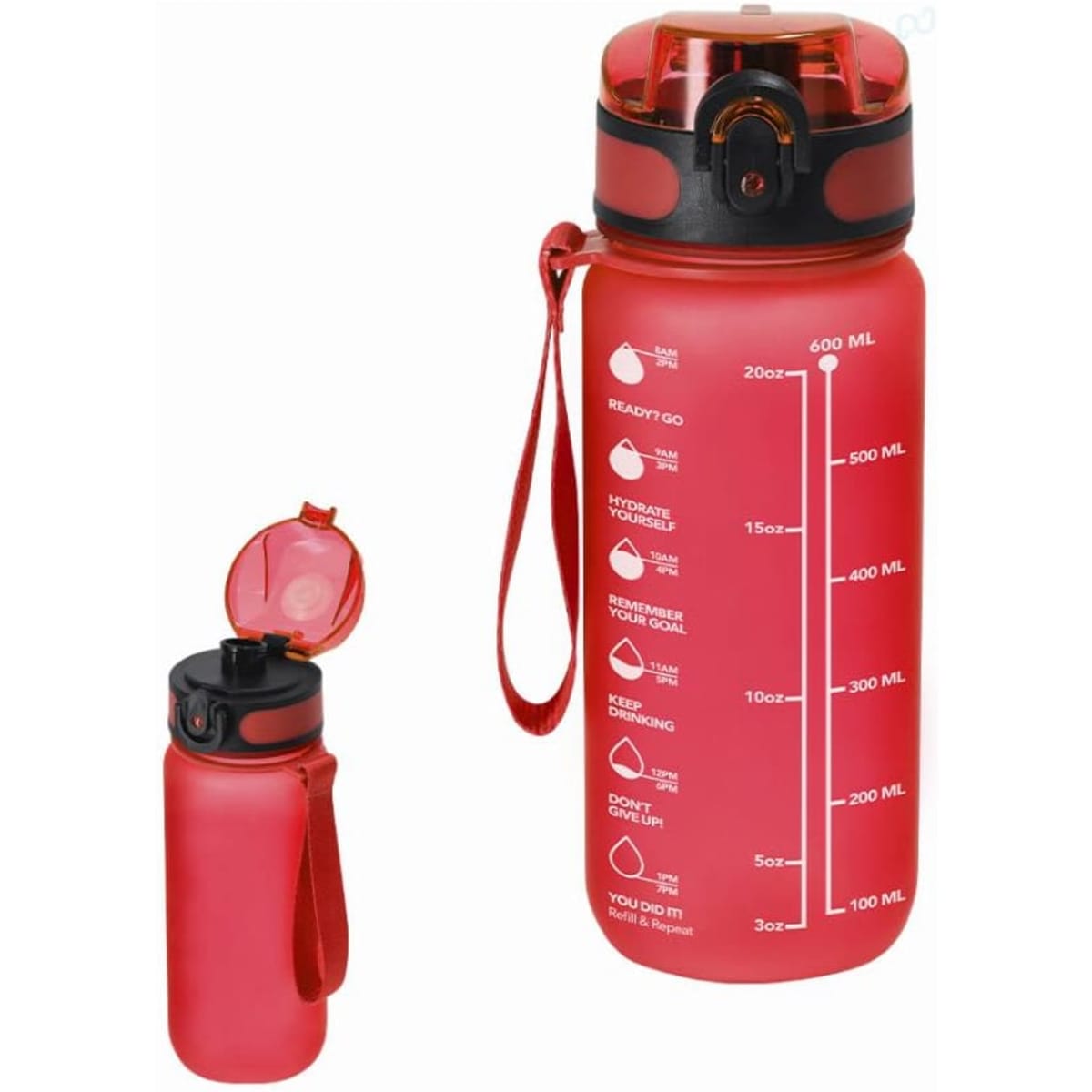 A drink bottle in a vibrant red colour with a black lid and a strap, featuring measurement markings on the side.