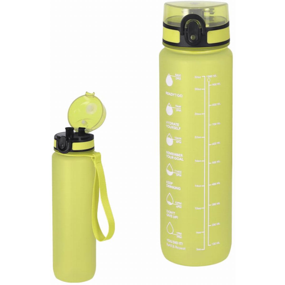 A drink bottle in bright yellow with a flip-top lid and measurement markings, featuring a logo.