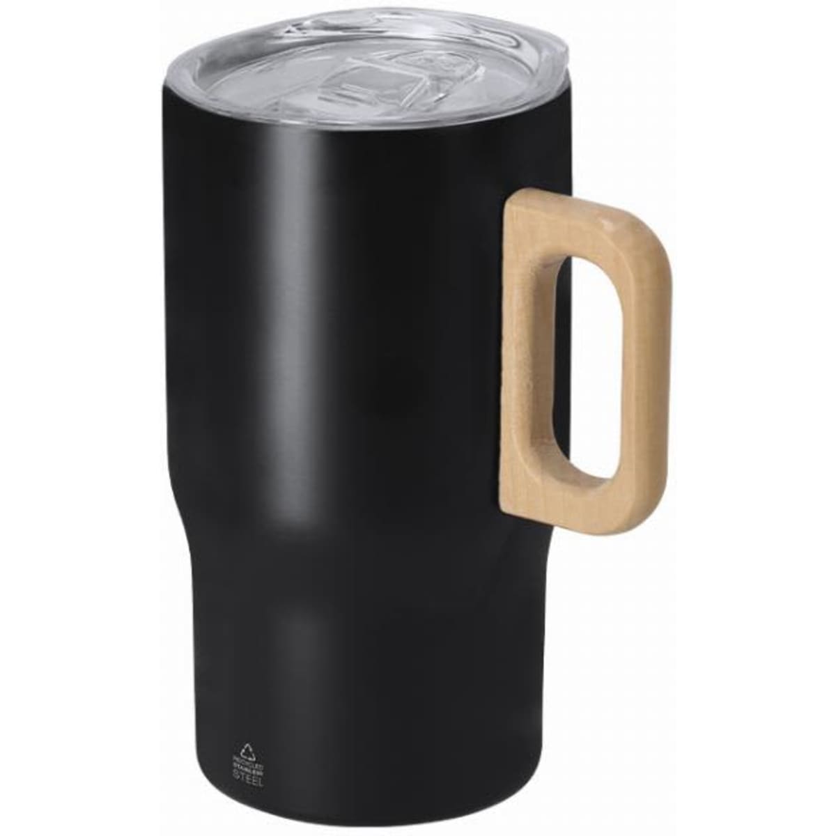 A drink bottle in matte black with a clear lid and a wooden handle. Features a logo on the base.
