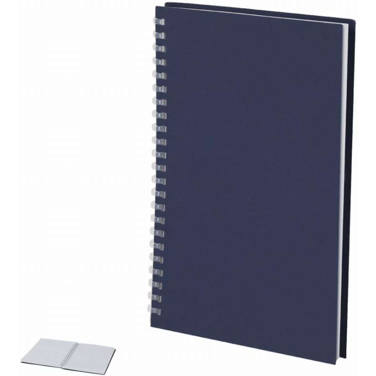 A navy blue spiral-bound notebook with a blank white inner cover and a smaller note pad beside it.