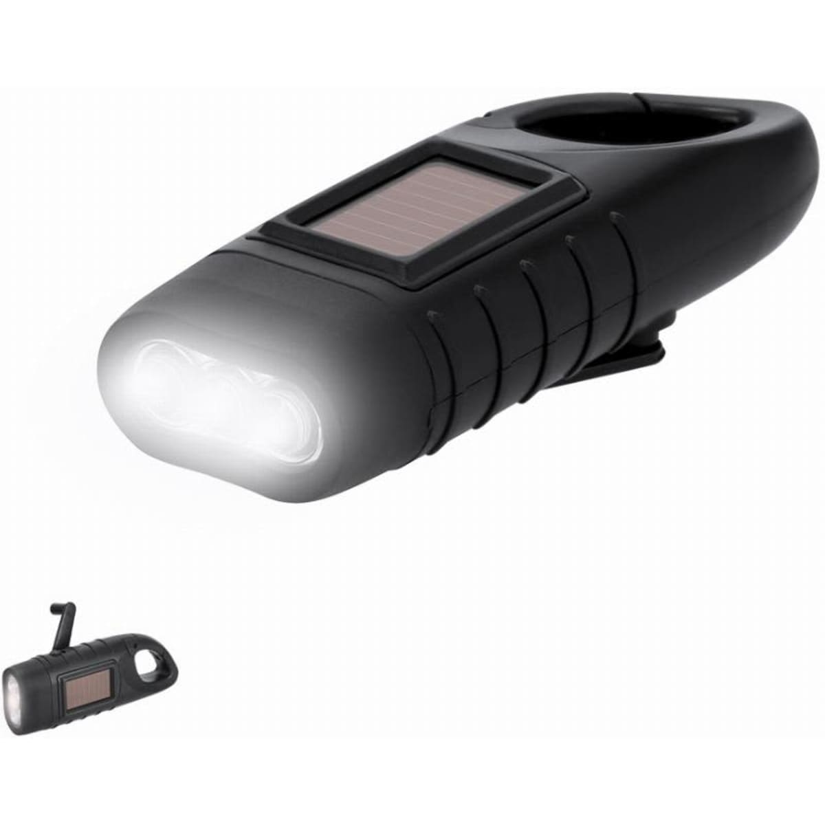A black handheld flashlight with a solar panel, featuring two bright LED lights at the front.