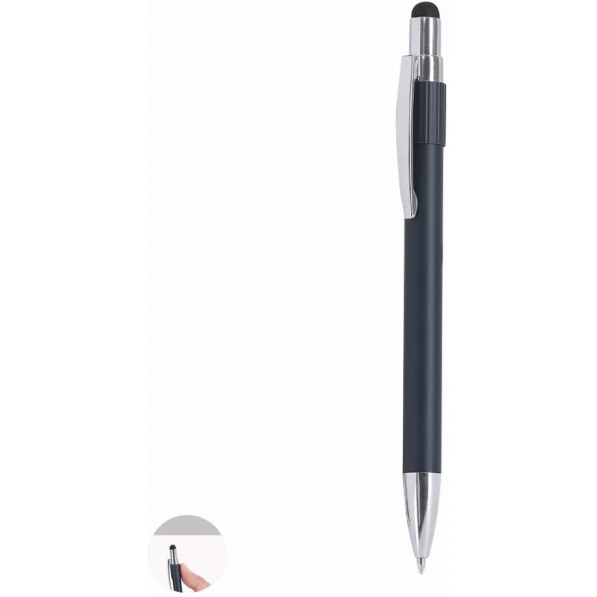 A drink bottle in navy blue with a silver clip and black stylus tip, featuring a subtle logo on the barrel.