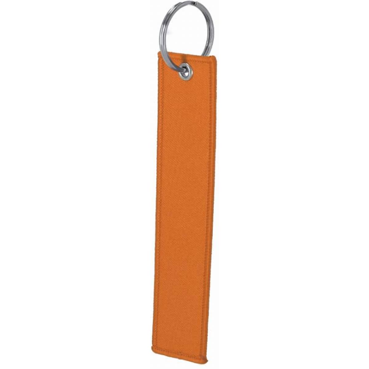 An orange keychain holder with a metal ring, designed for attaching keys or small items.