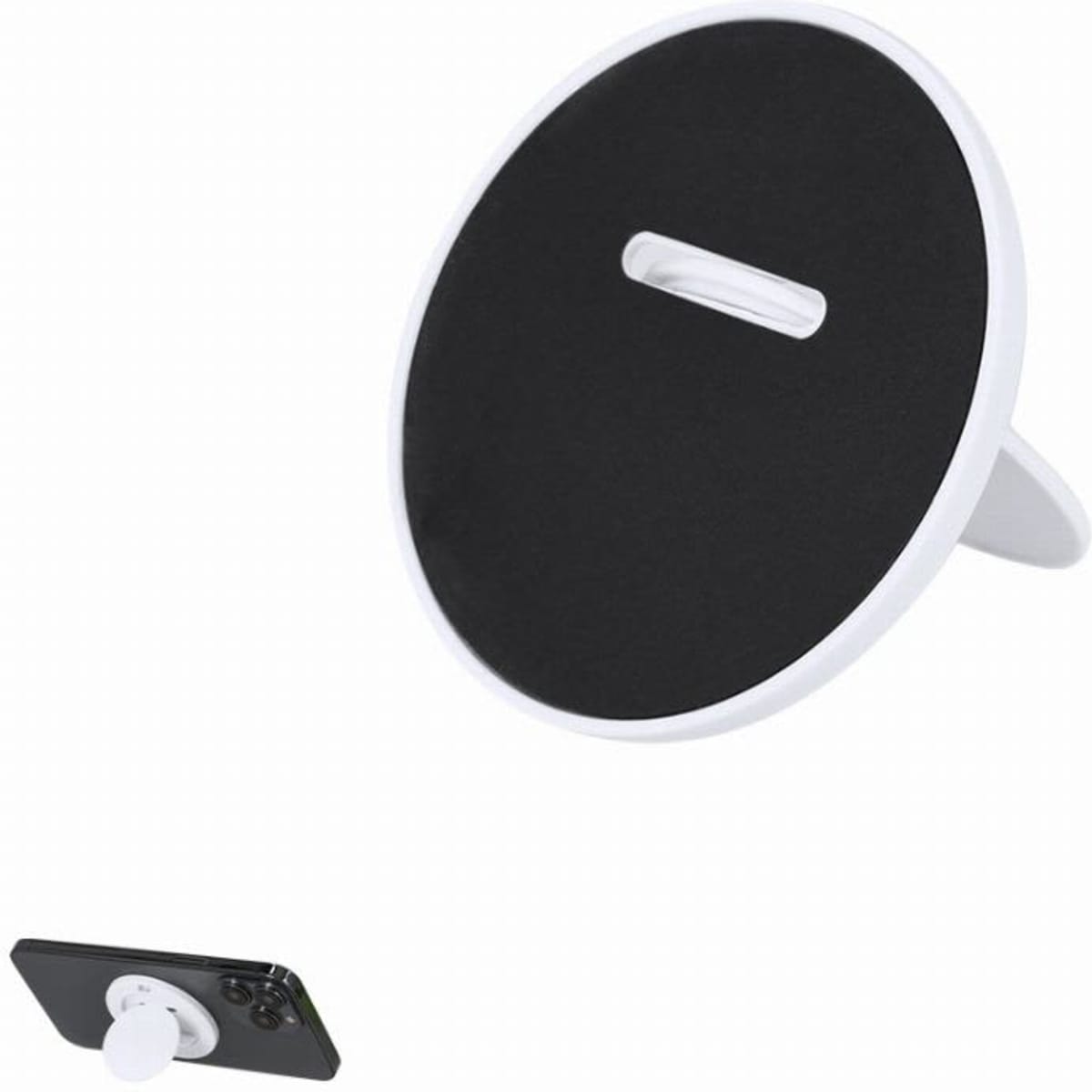 A phone stand with a round black base and a white support. It holds a smartphone at an angle.