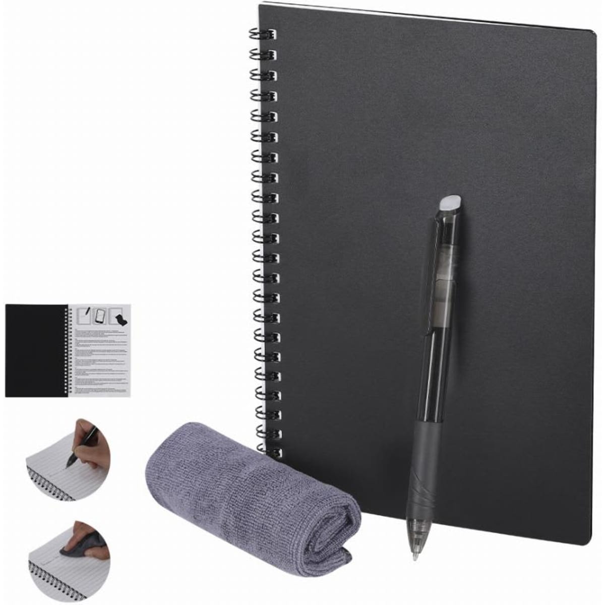A black spiral-bound notebook alongside a grey microfibre cloth and a black pen, featuring a logo on the notebook.