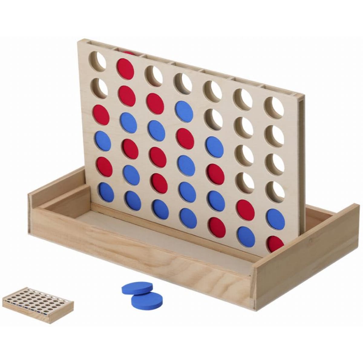 A wooden connect-four game with a vertical board featuring red and blue discs in a beige tray.