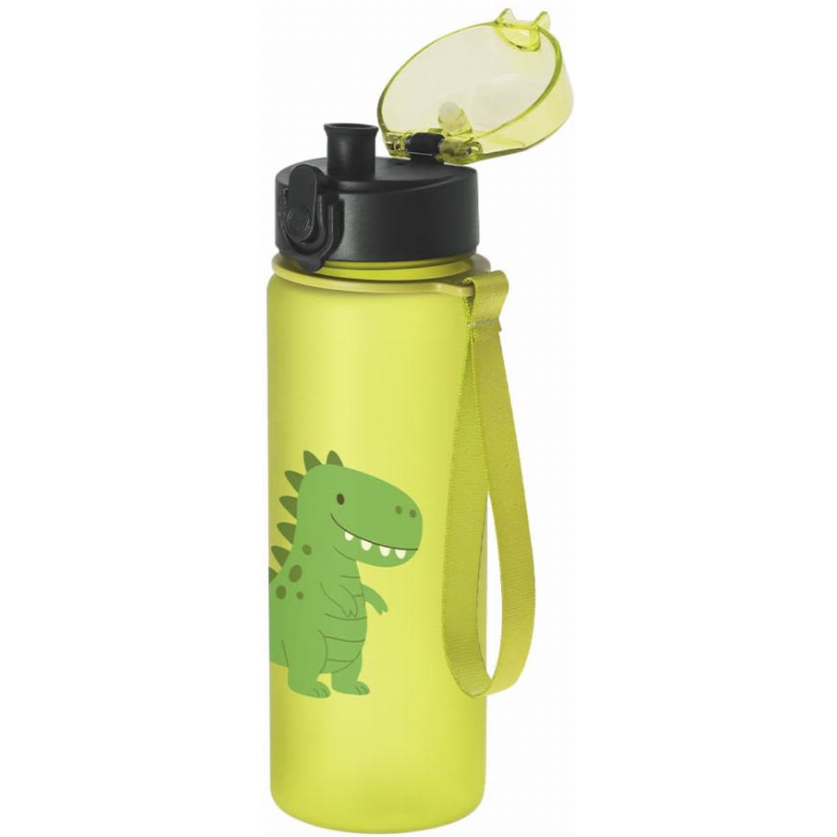 A drink bottle in bright yellow, featuring a green dinosaur design, with a flip-top lid and a carrying strap.